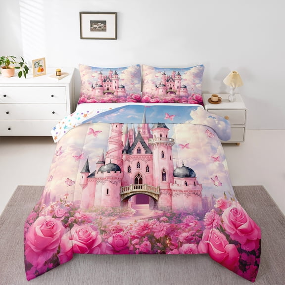 Homewish Girly Pink Castle Bedding Comforter Set for Kids, Romantic Rose Flower Twin Comforter Sets, Princess Cartoon Theme Reversible Bedding Set, Super Cozy Room Decor, 2 Pieces