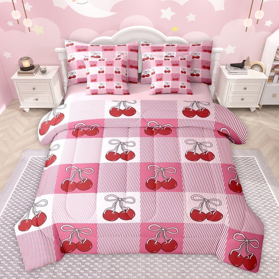 Homewish Girly Pink Cherry Bedding Comforter Set 7pcs for Girl, Cartoon Fruit Cherry Queen Bedding Sets, Ribbon Bowknot Reversible Queen Sheet Sets, Microfiber Bedroom Decor