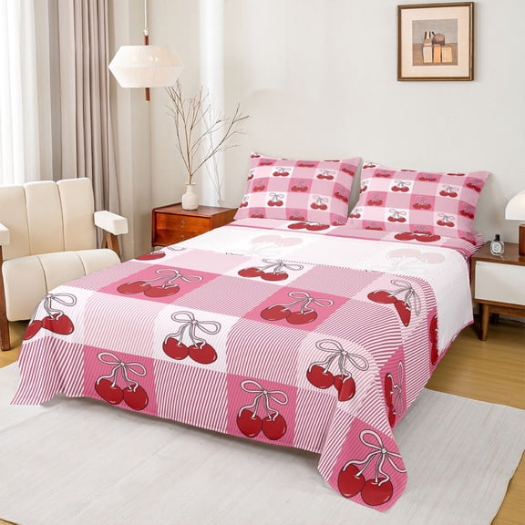Homewish Girly Pink Cherry Queen Sheet Sets for Girl, Cartoon Fruit Cherry Flat Sheet, Ribbon Bowknot Queen Fitted Sheet, Microfiber Bedroom Decor, 4pcs