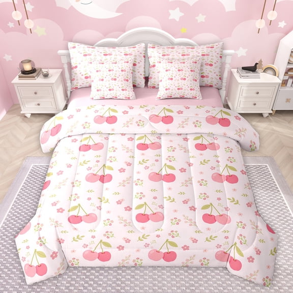 Homewish Girly Pink Cherry Twin Bedding Sets 7-Piece, Cherry Blossoms Floral Bedding Comforter Set, Teens Kids Girls Women Reversible Sheet Sets, Lightweight Room Decor