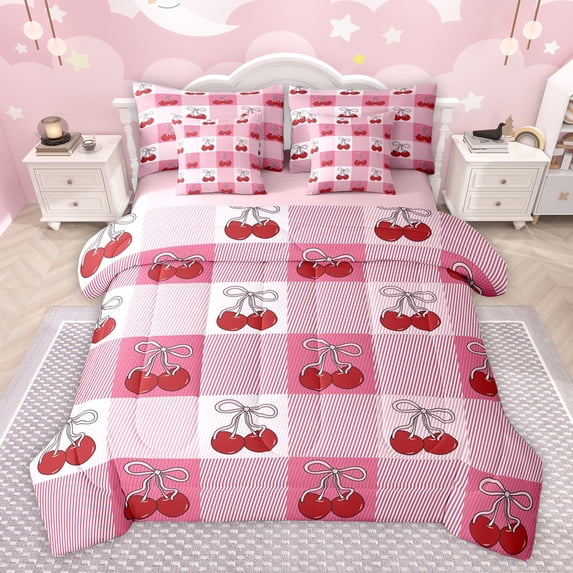 Homewish Girly Pink Cherry Twin Bedding Sets 7-Piece for Girl, Cartoon Fruit Cherry Bedding Comforter Set, Ribbon Bowknot Reversible Sheet Sets, Microfiber Bedroom Decor