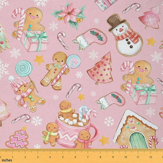 Homewish Girly Pink Christmas Fabric by the Yard 2 Yards for Kids, Cartoon Snowman Lodge Sewing Fabric, Cute Gingerbread Man Fabric for Sewing, Lightweight Room Decor