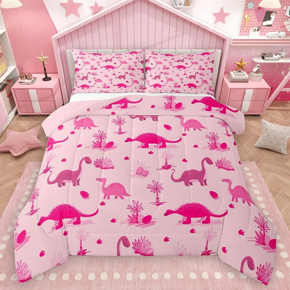 Homewish Girly Pink Dinosaur Bedding Comforter Set, Cute Cartoon Animal Twin Comforter Sets, Teens Kids Boys Girls Reversible Bedding Set, Breathable Home Decor, 2-Piece