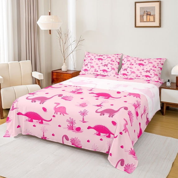Homewish Girly Pink Dinosaur Twin Sheet Sets, Cute Cartoon Animal Twin Fitted Sheet, Teens Kids Boys Girls Flat Sheet, Breathable Home Decor, 3-Piece