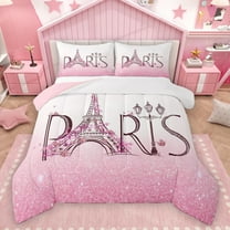 Homewish Girly Pink Eiffel Tower Bedding Comforter Set, Glitter Diamond Twin Comforter Sets, Couple Anniversary Theme Reversible Bedding Set, Ultra Soft Bedroom Decor, 2 Pieces
