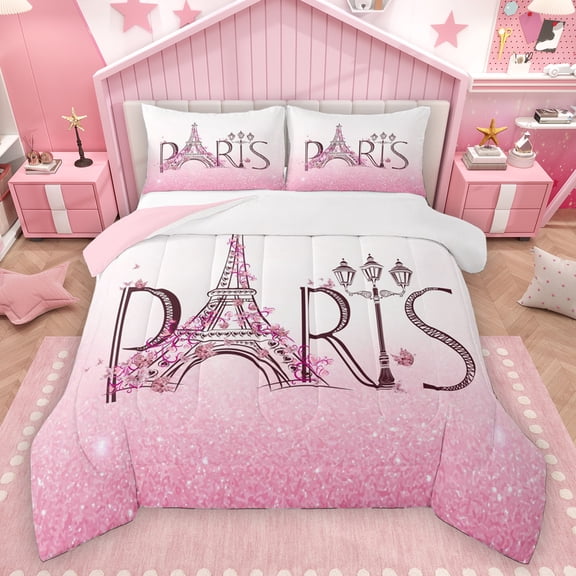 Homewish Girly Pink Eiffel Tower Queen Comforter Set, Glitter Diamond Bedding Sets, Couple Anniversary Theme Reversible Bedding Comforter Set, Ultra Soft Bedroom Decor, 3 Pieces