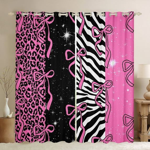 Homewish Girly Pink Fashion Black Out Curtains, Leopard Cheetah Print Curtains Pack of 2 (42x63 Each), Kawaii Cartoon Ribbon Bow Bedroom Curtains, Window Curtains Decor