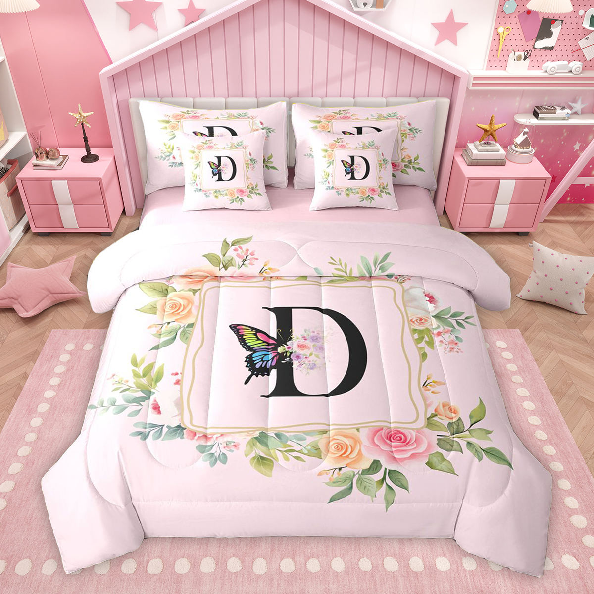 Homewish Girly Pink Letter D Bedding Comforter Set 7 Pieces, Romantic ...