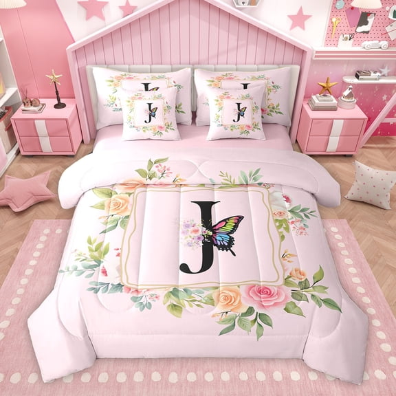 Homewish Girly Pink Letter J Bedding Comforter Set 7pcs, Romantic Rose Flower King Bedding Sets, Magical Butterfly Animal Reversible Bed Sheets, Microfiber Bedroom Decor