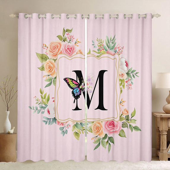 Homewish Girly Pink Letter M Blackout Curtains Set of 2 (52x84 Each), Romantic Rose Flower Window Curtains, Magical Butterfly Animal Curtains and Drapes, Living Room Curtains Decor