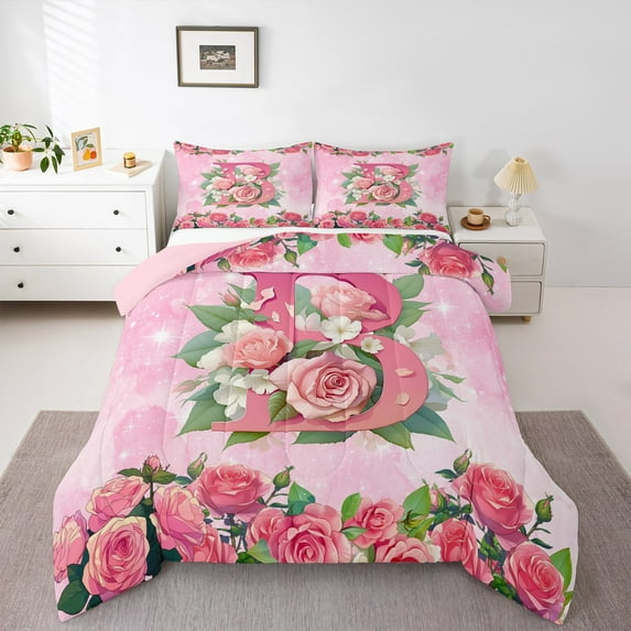 Homewish Girly Pink Monogrammed B Bedding Comforter Set for Women, Valentines Day Twin Comforter Sets, Spring Garden Rose Reversible Bedding Set, Breathable Home Decor, 2-Piece