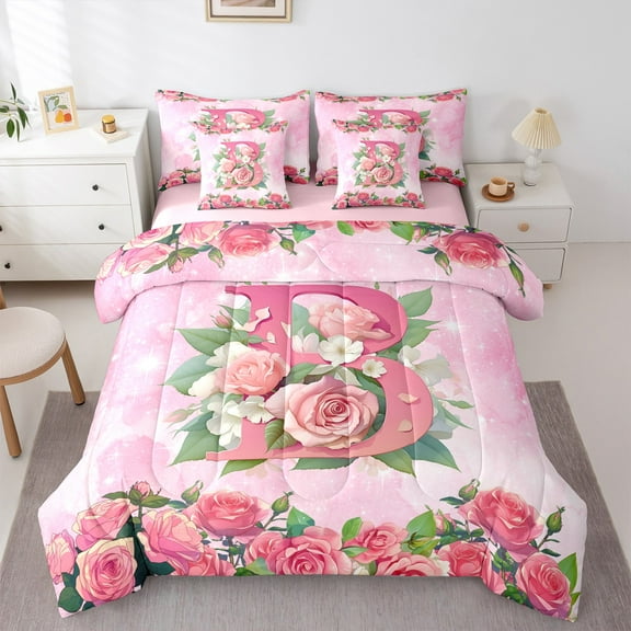 Homewish Girly Pink Monogrammed B Twin Bedding Sets 7-Piece for Women, Valentines Day Bedding Comforter Set, Spring Garden Rose Reversible Sheet Sets, Breathable Home Decor