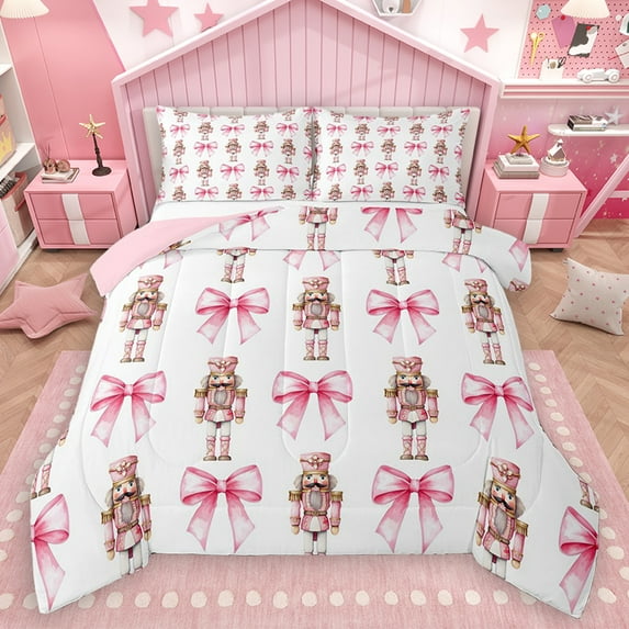 Homewish Girly Pink Nutcracker Queen Comforter Set for Teens, Kawaii Princess Ribbon Bedding Sets, Merry Christmas Reversible Bedding Comforter Set, Breathable Home Decor, 3 Pieces