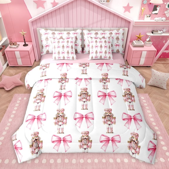 Homewish Girly Pink Nutcracker Twin Bedding Sets 7-Piece for Teens, Kawaii Princess Ribbon Bedding Comforter Set, Merry Christmas Reversible Sheet Sets, Breathable Home Decor