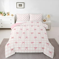Homewish Girly Pink Plaid Bedding Comforter Set for Teens, Princess Cute Ribbon Twin Comforter Sets, Cartoon Bow Style Reversible Bedding Set, Microfiber Bedroom Decor, 2-Piece