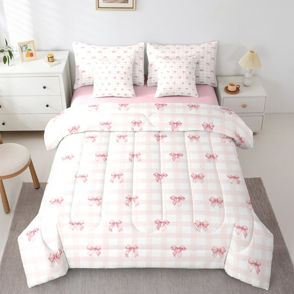 Homewish Girly Pink Plaid Twin Bedding Sets 7-Piece for Teens, Princess Cute Ribbon Bedding Comforter Set, Cartoon Bow Style Reversible Sheet Sets, Microfiber Bedroom Decor