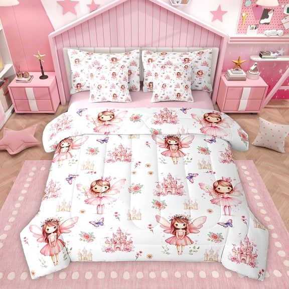 Homewish Girly Pink Princess Bedding Comforter Set 7pcs for Kids, Cartoon Fairy Elf King Bedding Sets, Dreamy Pink Castle Reversible Bed Sheets, Lightweight Room Decor