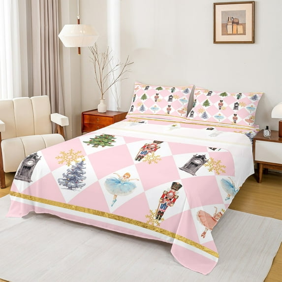 Homewish Girly Pink Princess Full Size Sheets for Kid, Dreamy Xmas Tree Bed Sheets, Cute Nutcracker Guard Sheet Sets, Ultra Soft Bedroom Decor, 4pcs