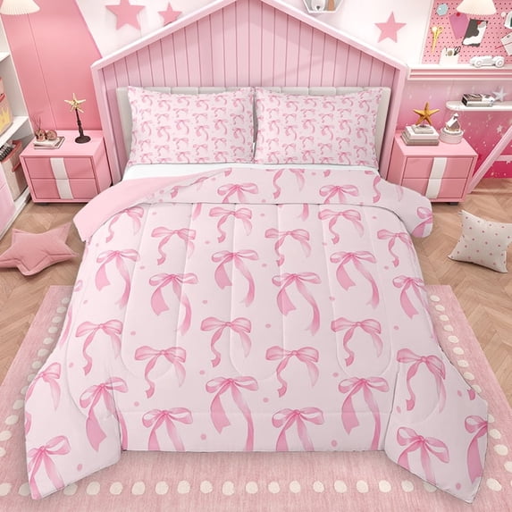 Homewish Girly Pink Ribbon Bedding Comforter Set for Kids, Chic Polkadot Twin Comforter Sets, Princess Cartoon Theme Reversible Bedding Set, Breathable Home Decor, 2 Pieces