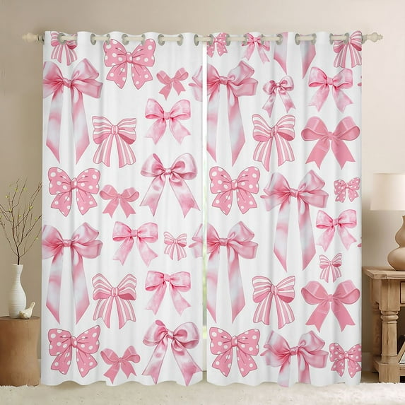 Homewish Girly Pink Ribbon Curtains Pack of 2 (42x84 Each) for Kid, Fairy Tale Princess Curtains Blackout, Cartoon Polkadots Bow Bedroom Curtains, Living Room Curtains Decor