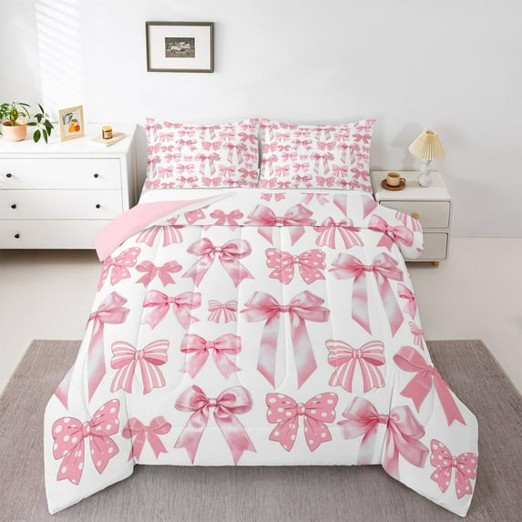 Homewish Girly Pink Ribbon Full Size Comforter Sets for Kid, Fairy Tale Princess Bedding Comforter Set, Cartoon Polkadots Bow Reversible Bedding Sets, Microfiber Bedroom Decor, 3-Piece