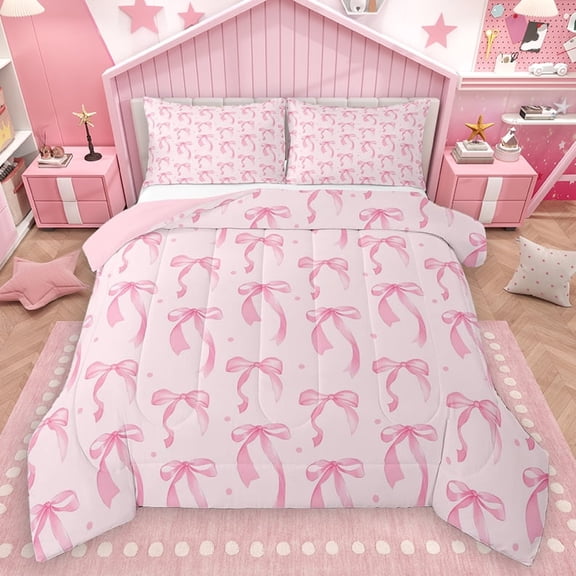 Homewish Girly Pink Ribbon Full Size Comforter Sets for Kids, Chic Polkadot Bedding Comforter Set, Princess Cartoon Theme Reversible Bedding Sets, Breathable Home Decor, 3 Pieces