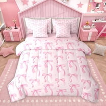 Homewish Girly Pink Ribbon Twin Bedding Sets 7-Piece for Kids, Chic Polkadot Bedding Comforter Set, Princess Cartoon Theme Reversible Sheet Sets, Breathable Home Decor