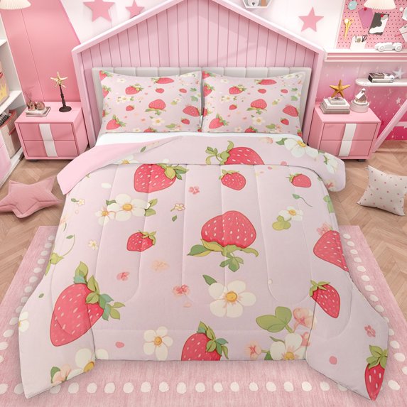Homewish Girly Pink Strawberry Queen Comforter Set for Girls, Cartoon Flower Floral Bedding Sets, Kawaii Princess Style Reversible Bedding Comforter Set, Super Cozy Room Decor, 3-Piece