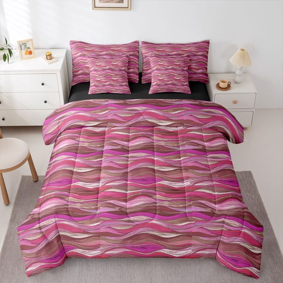 Homewish Girly Pink Stripes Bedding Comforter Set 7-Piece for Women, Chic Abstract King Bedding Sets, Modern Fashion Artwork Reversible Bed Sheets, Luxury Bedroom Decor