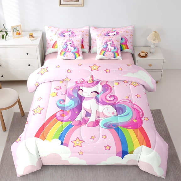 Homewish Girly Pink Unicorn Bedding Comforter Set 7-Piece for Kids, Kawaii Stars Rainbow Cloud King Bedding Sets, Cartoon Animal Reversible Bed Sheets, Lightweight Room Decor
