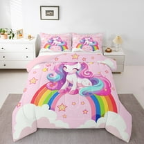Homewish Girly Pink Unicorn Bedding Comforter Set for Kids, Kawaii Stars Rainbow Cloud Twin Comforter Sets, Cartoon Animal Reversible Bedding Set, Lightweight Room Decor, 2pcs