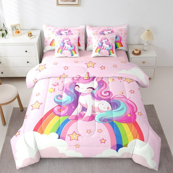 Homewish Girly Pink Unicorn Twin Bedding Sets 7-Piece for Kids, Kawaii Stars Rainbow Cloud Bedding Comforter Set, Cartoon Animal Reversible Sheet Sets, Lightweight Room Decor