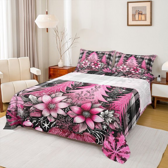 Homewish Girly Pink Xmas Tree Queen Sheet Sets, Kawaii Christmas Flower Plant Flat Sheet, Fashion Buffalo Plaid Queen Fitted Sheet, Luxury Bedroom Decor, 4pcs