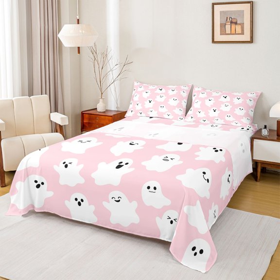 Homewish Girly Spooky Ghost Bed Sheets for Girls, Playful Halloween Skull Full Size Sheets, 4pcs, 1 Flat Sheet, 1 Fitted Sheet and 2 Pillowcases