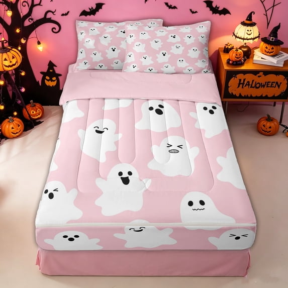 Homewish Girly Spooky Ghost Zipper Queen Comforter Set with Fitted Sheet and 2 Pillowcases for Girls, Playful Halloween Skull Zipper Bedding Set, Pink Reversible, 4pcs