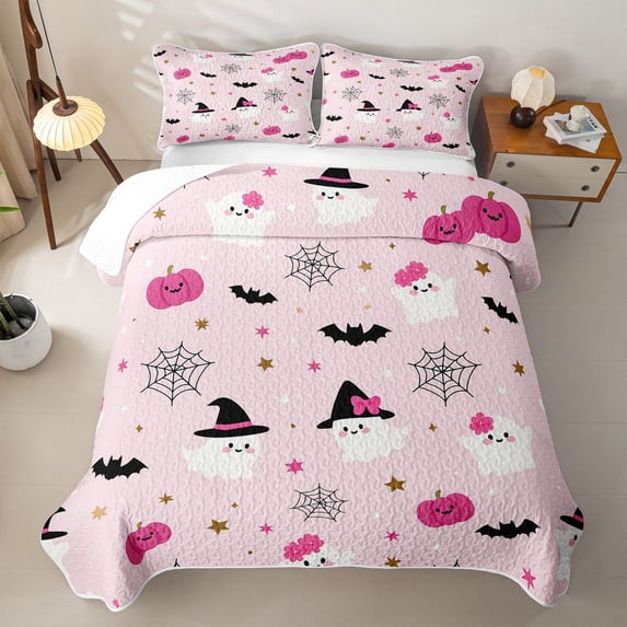 Homewish Girly Witch Ghost Quilt Full for Girls, Flower Ghost Pumpkin Star Bat Full Bedspread Sets, 3pcs