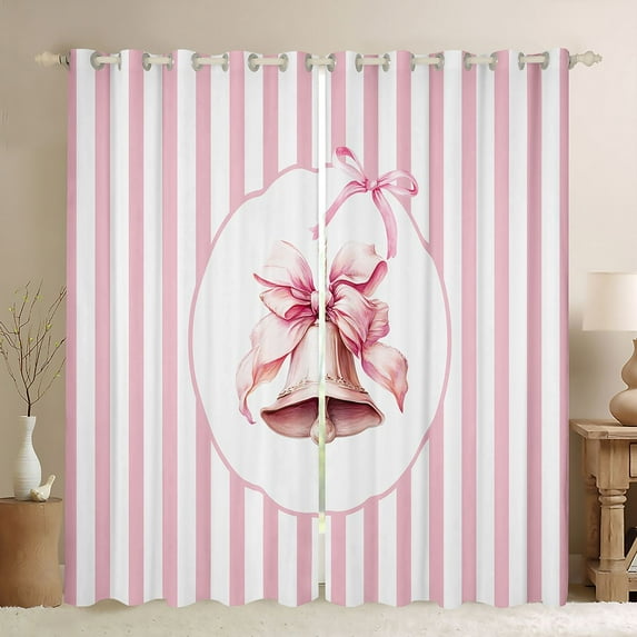 Homewish Girly Xmas Bell Black Out Curtains for Girl, Kawaii Christmas Ribbon Curtains Pack of 2 (42x63 Each), Chic Stripe Abstract Bedroom Curtains, Window Curtains Decor