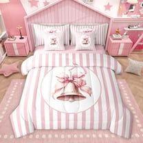 Homewish Girly Xmas Bell Twin Bedding Sets 7-Piece for Girl, Kawaii Christmas Ribbon Bedding Comforter Set, Chic Stripe Abstract Reversible Sheet Sets, Ultra Soft Bedroom Decor