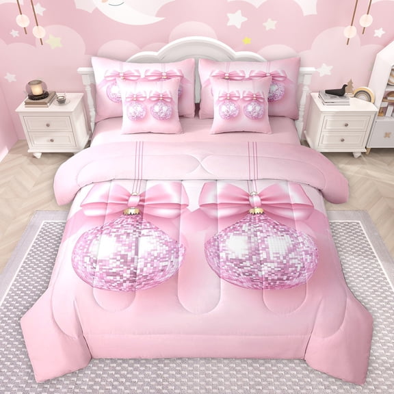 Homewish Glitter Disco Ball Bedding Comforter Set 7pcs for Teens, Kawaii Princess Bowknot King Bedding Sets, Girly Pink Cartoon Reversible Bed Sheets, Super Cozy Room Decor