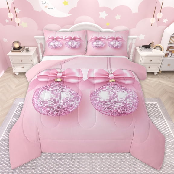 Homewish Glitter Disco Ball Bedding Comforter Set for Teens, Kawaii Princess Bowknot Twin Comforter Sets, Girly Pink Cartoon Reversible Bedding Set, Super Cozy Room Decor, 2-Piece