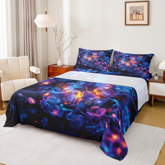 Homewish Glitter Dreamy Butterfly Full Size Sheets, Romantic Animal Bed Sheets, Flower Floral Sheet Sets, Ultra Soft Bedroom Decor, 4 Pieces