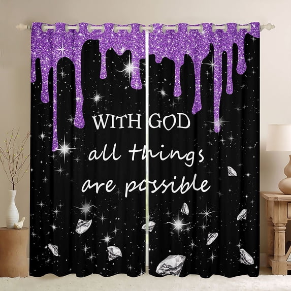 Homewish Glitter Ice Cream Drip Blackout Curtains Set of 2 (52x84 Each) for Girls, With God All Things Are Possible Print Curtain, Purple Black