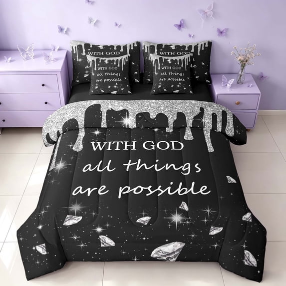 Homewish Glitter Ice Cream Drip Twin Bedding for Girls, With God All Things Are Possible Print Bedding Comforter Set, Gray Black, Black Reversible, 7 Pieces