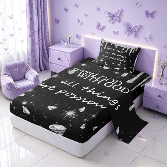Homewish Glitter Ice Cream Drip Twin Sheets for Girls, With God All Things Are Possible Print Bedding, Gray Black, 3 Pieces (1 Flat Sheet, 1 Fitted Sheet and 1 Pillowcase)