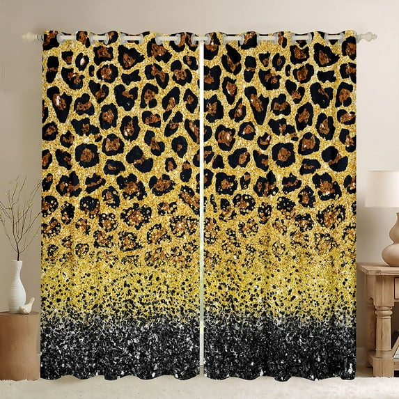 Homewish Glitter Leopard Print Curtains Pack of 2 (42x84 Each), Modern Fashion Polkadots Curtains Blackout, Gold Black Diamond Bedroom Curtains, Blackout Curtains Bedroom Decor