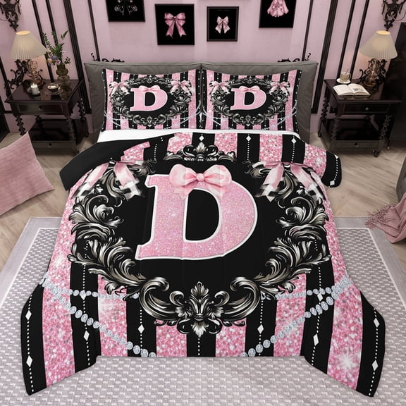 Homewish Glitter Monogrammed D Bedding Comforter Set, Bling Stripes Lines Twin Comforter Sets, Modern Fashion Diamond Reversible Bedding Set, Lightweight Room Decor, 2pcs