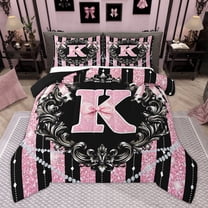 Homewish Glitter Monogrammed K Bedding Comforter Set, Bling Stripes Lines Twin Comforter Sets, Modern Fashion Diamond Reversible Bedding Set, Luxury Bedroom Decor, 2-Piece