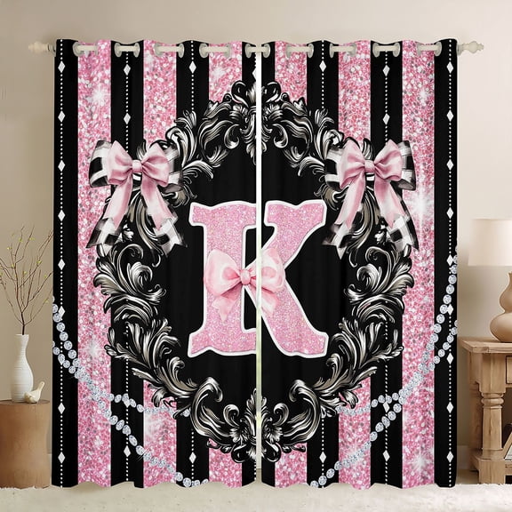 Homewish Glitter Monogrammed K Black Out Curtains, Bling Stripes Lines Curtains Pack of 2 (42x63 Each), Modern Fashion Diamond Bedroom Curtains, Living Room Curtains Decor