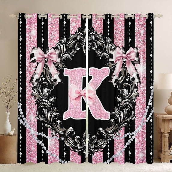 Homewish Glitter Monogrammed K Black Out Curtains, Bling Stripes Lines Curtains Pack of 2 (42x63 Each), Modern Fashion Diamond Bedroom Curtains, Living Room Curtains Decor