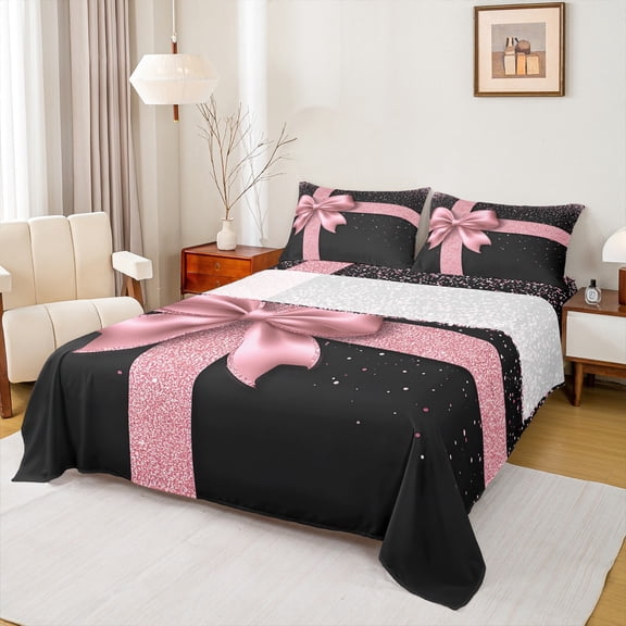Homewish Glitter Romantic Bowknot Twin Sheet Sets, Black Pink Fashion Twin Fitted Sheet, Couple Valentine's Day Flat Sheet, Luxury Bedroom Decor, 3 Pieces